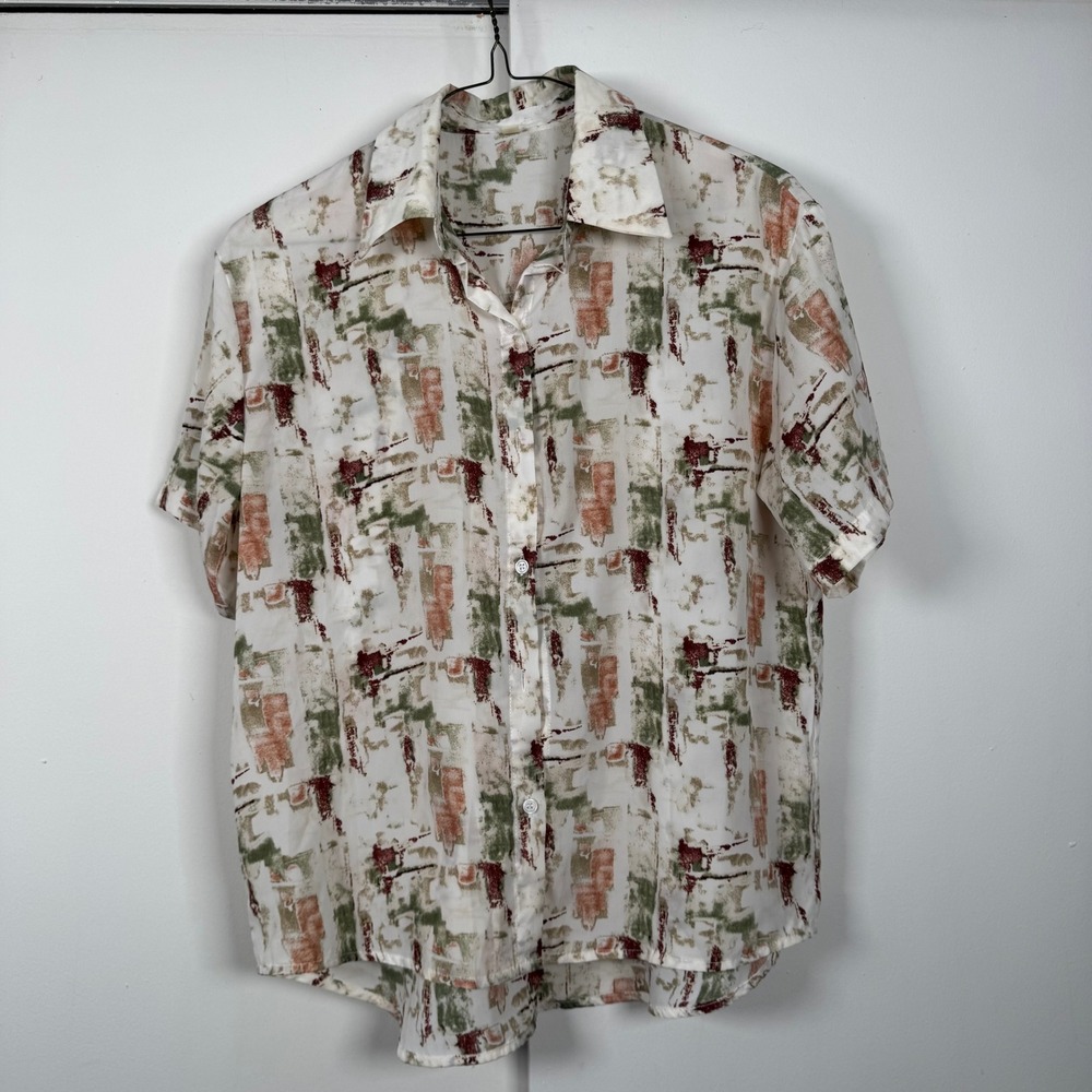 Womens Abstract Brushstroke Print Short Sleeve Button Down Shirt Multi